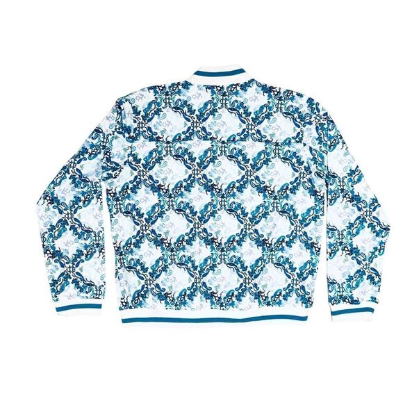 NEW Lulu-B UPF 50 Blue White Geometric Parsley Print Smooth Full Zip Jacket - Picture 6 of 13